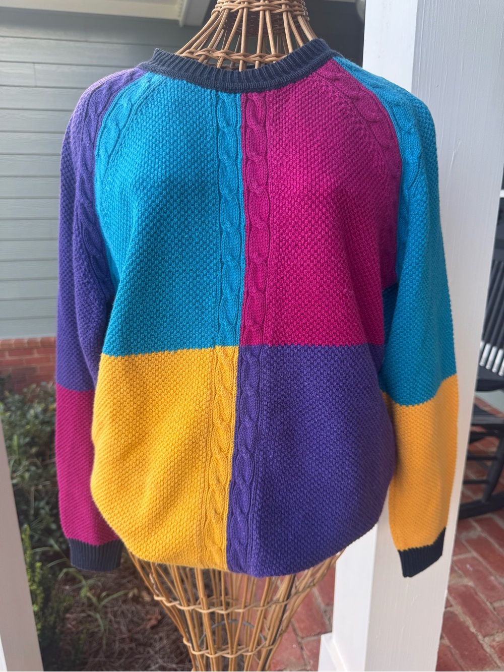 Vintage 80s Liz Wear Colorblock Cable Knit Sweater Shoulder Pads S